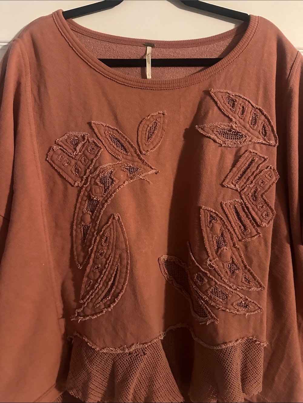 Free People Rust Embroidered Ruffle-Hem Pullover - Picture 3 of 5